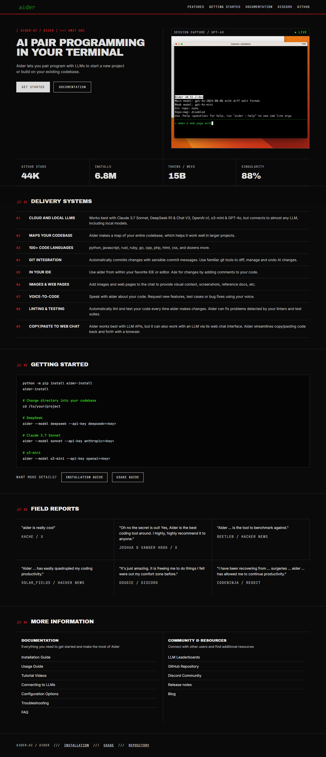 After: aider.chat redesigned as Terminal-Native Industrial Brutalism